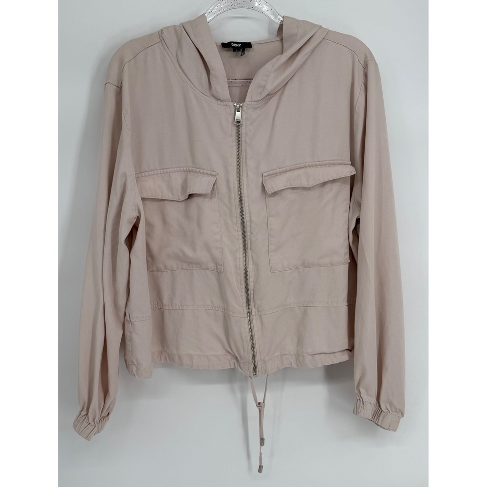 DKNY Womens Sz XL Blush Pink Lyocell Hooded Utility Jacket Zip Up Windbreaker